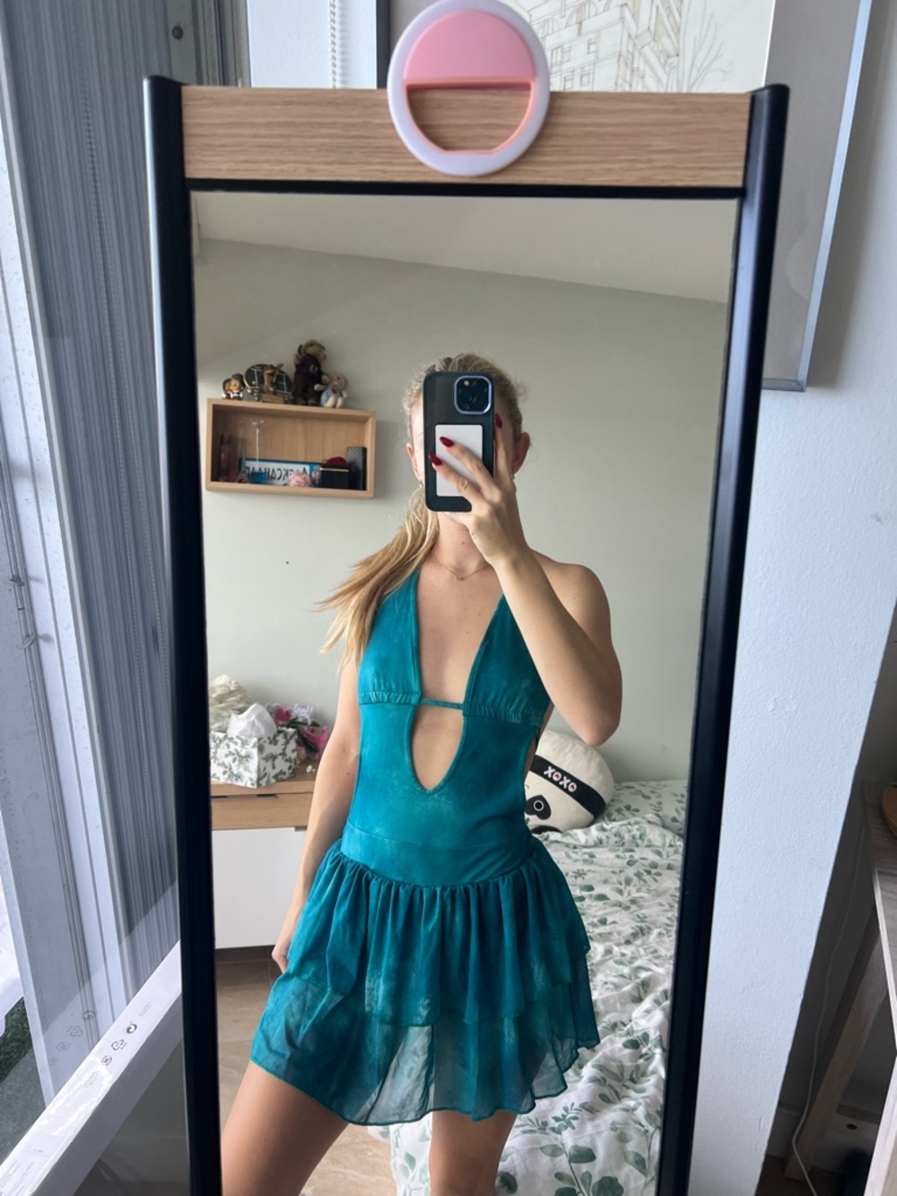 SHEIN Teal Halter Ruffle Mini Dress